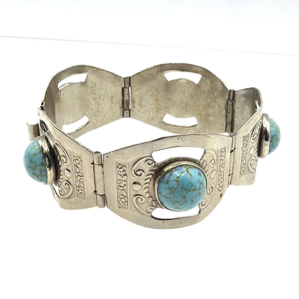 Hecho en Mexico Sterling Silver And Faux Turquoise Vintage Hinged Bracelet 7”